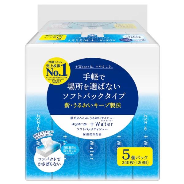 （ケース販売）エリエール ＋Water（うるおいティシュー）ソフトパック120W5P／120組×90パック（大王製紙）