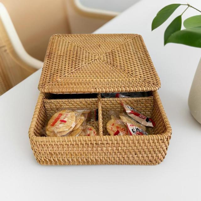 籐 バスケット かご ラタン バスケット ふた付き 蓋付 お菓子入れ 蓋