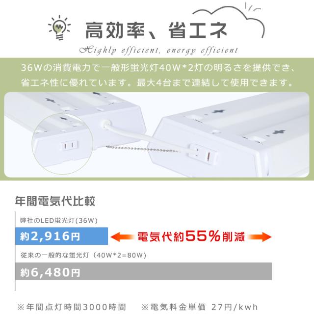 ★10本入り★LED蛍光灯 器具一体型 40W形 2灯相当 照明 プルスイッチ付き 吊り下げ 3段階調色 電球色 昼白色 昼光色 LEDベースライト 40W形 2灯相当 消費電力36Ｗ 4000lm キッチン 照明 天井 プルスイッチ LED照明器具 配線工事不要 器具一体型LED蛍光灯 40W形 家庭 事務所_5