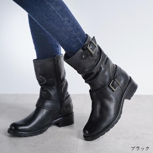 ミドル丈本革エンジニアブーツ 3.7cmヒール 革 エンジニアブーツ レディース 靴 22.5cm〜24.5cm サイドファスナー ジップ レザー 本革 ローヒール  牛革 シューズ ブーツ ミドル丈 ハーフ丈 秋冬 あたたか 内側フリース