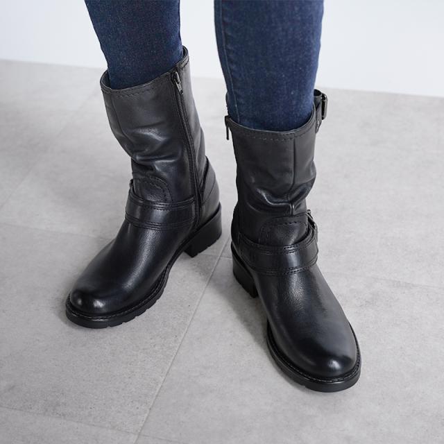 ミドル丈本革エンジニアブーツ 3.7cmヒール 革 エンジニアブーツ レディース 靴 22.5cm〜24.5cm サイドファスナー ジップ レザー 本革 ローヒール  牛革 シューズ ブーツ ミドル丈 ハーフ丈 秋冬 あたたか 内側フリース