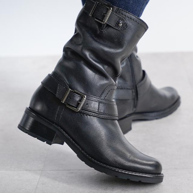 ミドル丈本革エンジニアブーツ 3.7cmヒール 革 エンジニアブーツ レディース 靴 22.5cm〜24.5cm サイドファスナー ジップ レザー 本革 ローヒール  牛革 シューズ ブーツ ミドル丈 ハーフ丈 秋冬 あたたか 内側フリース