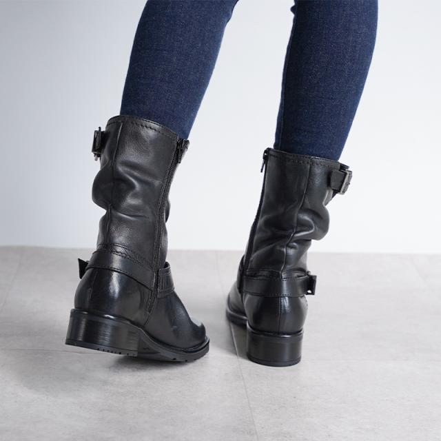 ミドル丈本革エンジニアブーツ 3.7cmヒール 革 エンジニアブーツ レディース 靴 22.5cm〜24.5cm サイドファスナー ジップ レザー 本革 ローヒール  牛革 シューズ ブーツ ミドル丈 ハーフ丈 秋冬 あたたか 内側フリース