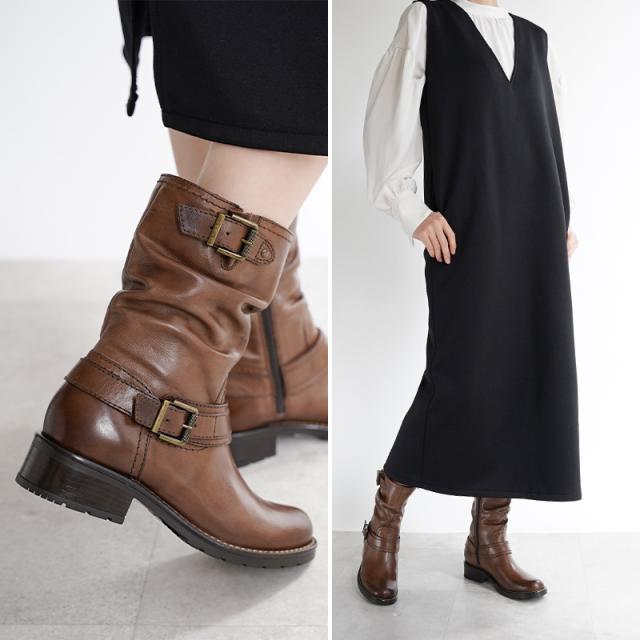 ミドル丈本革エンジニアブーツ 3.7cmヒール 革 エンジニアブーツ レディース 靴 22.5cm〜24.5cm サイドファスナー ジップ レザー 本革 ローヒール  牛革 シューズ ブーツ ミドル丈 ハーフ丈 秋冬 あたたか 内側フリース