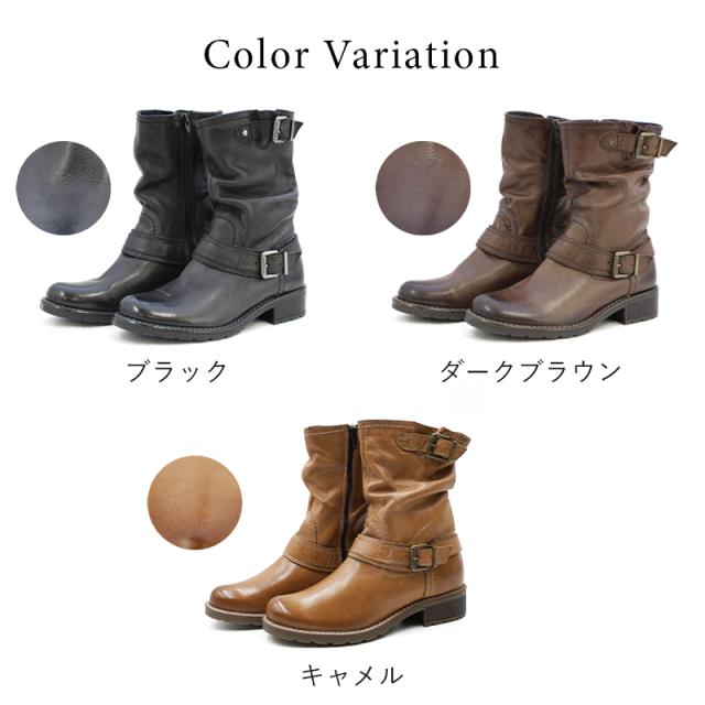 ミドル丈本革エンジニアブーツ 3.7cmヒール 革 エンジニアブーツ レディース 靴 22.5cm〜24.5cm サイドファスナー ジップ レザー 本革 ローヒール  牛革 シューズ ブーツ ミドル丈 ハーフ丈 秋冬 あたたか 内側フリース