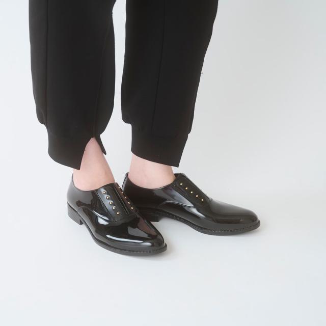 TEMPERATE テンパレイト OMBRE レディース 靴 雨 靴 レインシューズ レイン 防水 完全防水 マニッシュシューズ スリッポン スタッズ 甲高 幅広 PVC オックスフォード マニッシュ 黒 ブラック 晴雨兼用 梅雨 デイリー 通勤 オフィス 送料無料_5