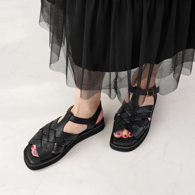 本革 サンダル 編みこみ 2.5cmヒール レザー グルカ レディース 25春夏