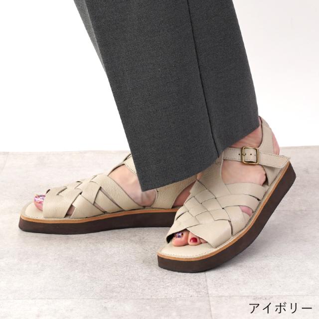 【美品】La Baume ラボーム 本革 編み込み グルカサンダル 茶 27cm 本革 サンダル 編みこみ 2.5cmヒール レザー グルカ レディース 25春夏