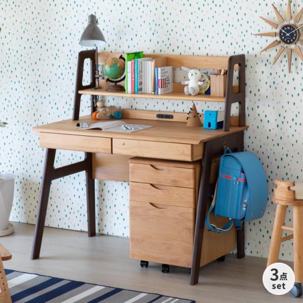 パソコンデスク勉強机 3点セット ナチュラル デスク ワゴン 上棚 組立