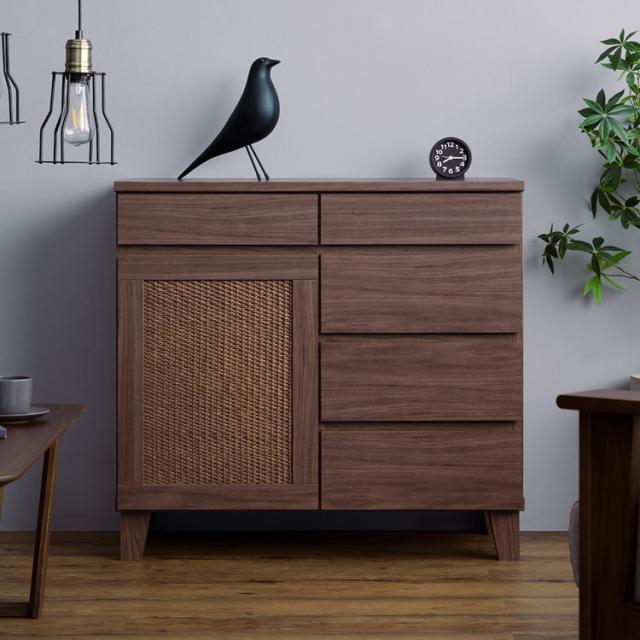 サイドボード キャビネット 北欧 ラタン調 リビングボード 収納 チェスト 北欧 ローボード 北欧 幅80 リビング収納 壁面収納 木製 棚 リビング シンプル 引き出し オシャレ 品質保証 ISSEIKI RYON-4 SIDE BOARD 80 (RATTAN) (MF-MBR)