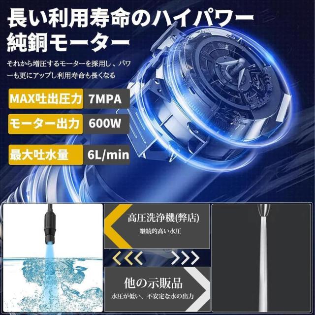 高圧洗浄機 コードレス 充電式 7MPa最大吐出圧力3種類噴射