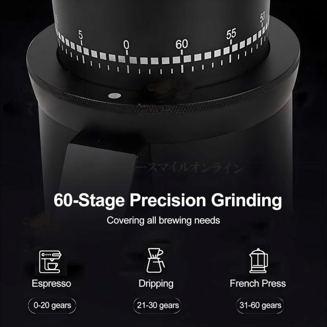 72W高速電動バリスタコーヒーグラインダー 48mmプロ仕様粉砕ディスク搭載 140RPM低速回転で香りを逃がさない 60段階挽き目微調整可能 18g豆容量 自宅カフェ アウトドア 旅行 キャンプ用 静音設計 コンパクト省スペース_3