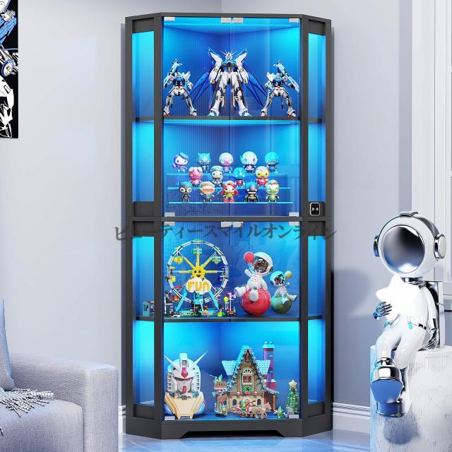 65インチ ガラスドア付き コーナーディスプレイキャビネット 4段ショーケース 3色LED照明 人体センサー搭載 コレクション用 北欧風 高級感溢れる おもちゃ 本 収納 ブラック 省スペース 場所を取らない 静音設計