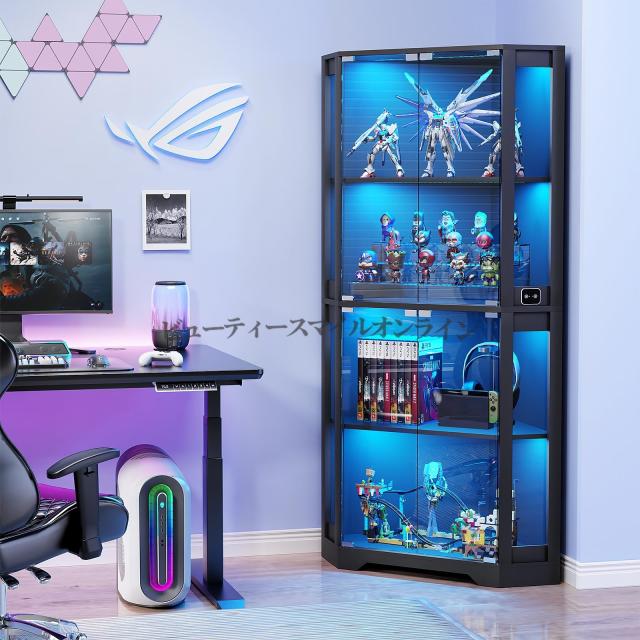 65インチ ガラスドア付き コーナーディスプレイキャビネット 4段ショーケース 3色LED照明 人体センサー搭載 コレクション用 北欧風 高級感溢れる おもちゃ 本 収納 ブラック 省スペース 場所を取らない 静音設計_5