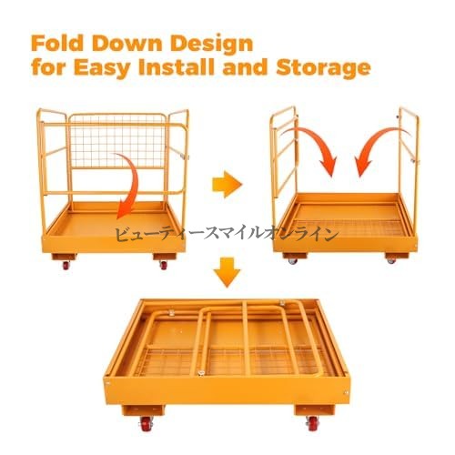 フォークリフト安全ケージ 耐荷重1200ポンド 36x36インチ 折りたたみ式高所作業台 プロ仕様空中プラットフォーム 4輪移動可能 リフティングローダー用 頑丈な作業バスケット 省スペース設計 業務用安全ケージ_2