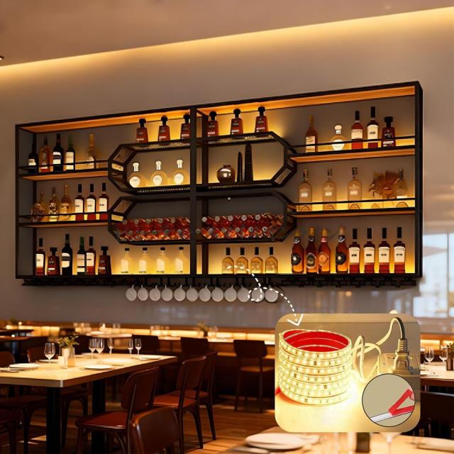 壁掛けワインラック LEDライト内蔵 ウイスキーボトル収納スタンド 飲食店 バー 居酒屋 クラブ用 北欧風デザイン 省スペース設置可能 ワインセラー 高級感溢れるディスプレイケース キッチン収納 ボトルホルダー 自動消灯機能付き