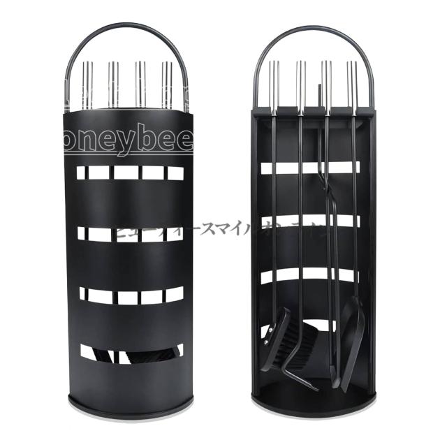 暖炉ツールセット 4点セット プロ仕様薪ストーブ用耐久工具セット 火かき棒 火ばさみ スコップ ブラシ付き 頑丈な工具ラック付属 屋内屋外兼用 暖炉 石囲炉裏 焚き火台 アウトドア用 長寿命素材 メンテナンス道具 掃除用具