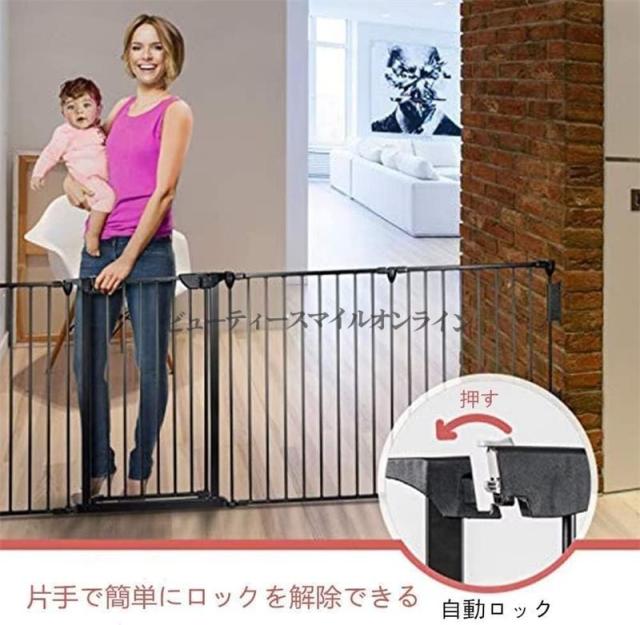 5面セット ドア付き 安全基準クリア セーフティーゲート ストーブガード 玄関 階段 ベビーゲート ペット用 折りたたみ可能 自由配置 ブラック 金属製 プラスチック 耐荷重50kg 赤ちゃん 幼児 室内 省スペース 転落防止_3