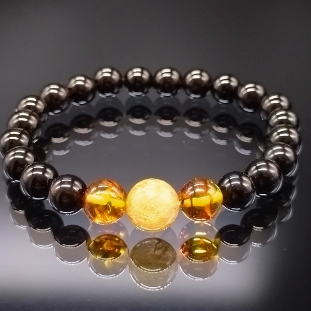 パワーストーン モリオン 黒水晶 ゴールドルチルクォーツ アンバー 琥珀 8mm 3連 親玉11mm 高品質 ブレスレット 天然石 金運 お守り 健康 メンズ レディース_1