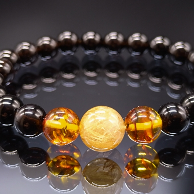 パワーストーン モリオン 黒水晶 ゴールドルチルクォーツ アンバー 琥珀 8mm 3連 親玉11mm 高品質 ブレスレット 天然石 金運 お守り 健康 メンズ レディース_2
