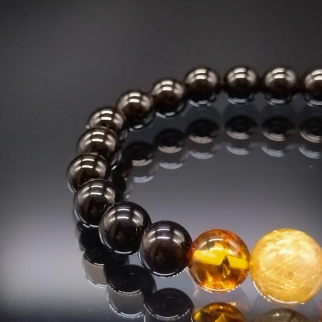 パワーストーン モリオン 黒水晶 ゴールドルチルクォーツ アンバー 琥珀 8mm 3連 親玉11mm 高品質 ブレスレット 天然石 金運 お守り 健康 メンズ レディース_3