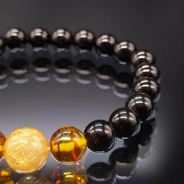 パワーストーン モリオン 黒水晶 ゴールドルチルクォーツ アンバー 琥珀 8mm 3連 親玉11mm 高品質 ブレスレット 天然石 金運 お守り 健康 メンズ レディース_4
