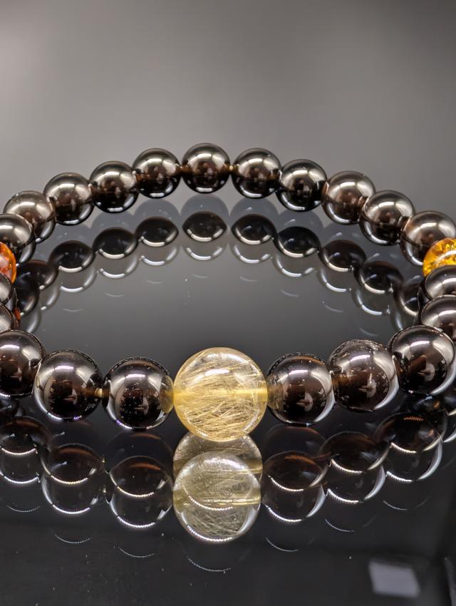 パワーストーン モリオン 黒水晶 ゴールドルチルクォーツ アンバー 天然琥珀 8mm 親玉11mm 高品質 ブレスレット 天然石 金運 財運 お守り 健康 メンズ レディース_2