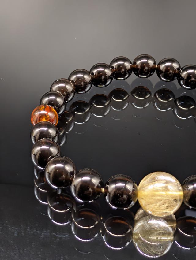 パワーストーン モリオン 黒水晶 ゴールドルチルクォーツ アンバー 天然琥珀 8mm 親玉11mm 高品質 ブレスレット 天然石 金運 財運 お守り 健康 メンズ レディース_3