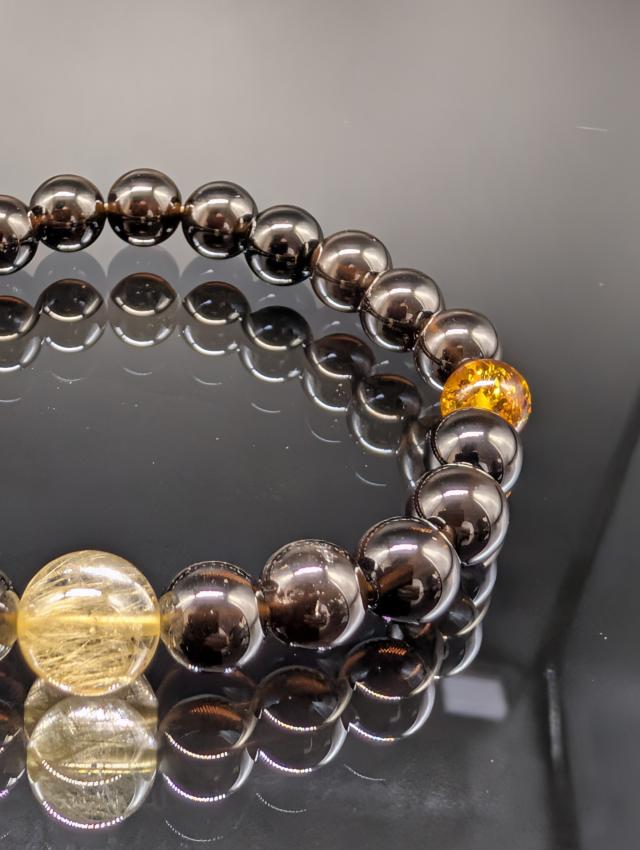 パワーストーン モリオン 黒水晶 ゴールドルチルクォーツ アンバー 天然琥珀 8mm 親玉11mm 高品質 ブレスレット 天然石 金運 財運 お守り 健康 メンズ レディース_4