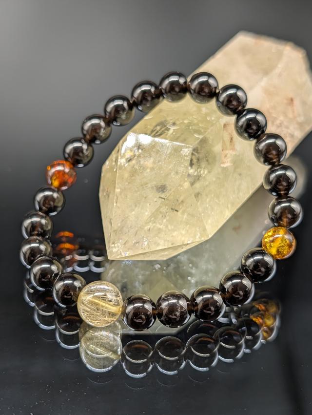 パワーストーン モリオン 黒水晶 ゴールドルチルクォーツ アンバー 天然琥珀 8mm 親玉11mm 高品質 ブレスレット 天然石 金運 財運 お守り 健康 メンズ レディース