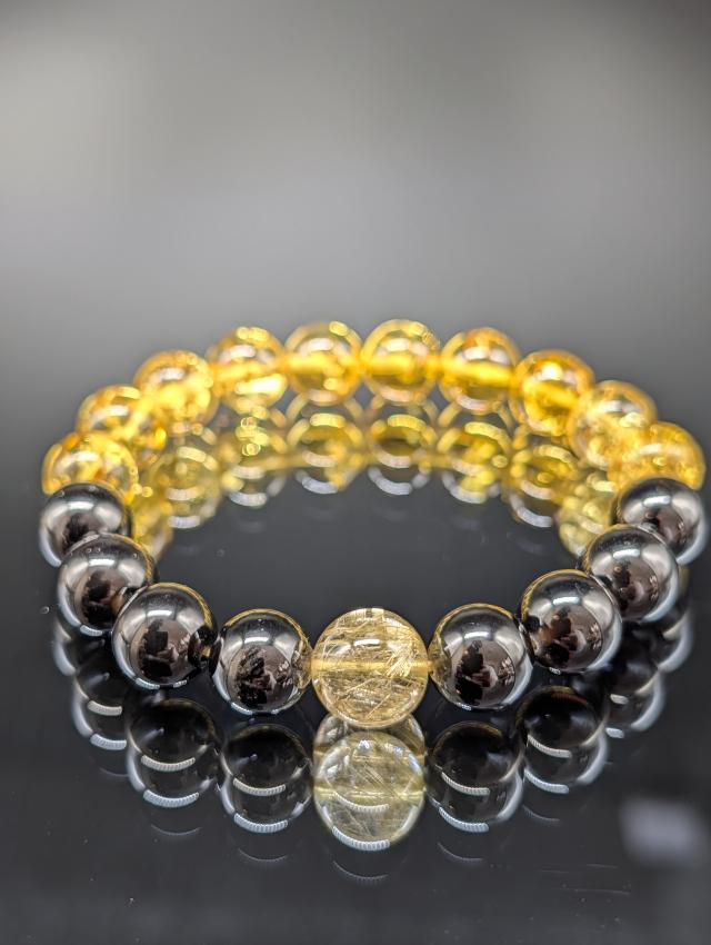 パワーストーン  ゴールドルチルクォーツ アンバー 琥珀 モリオン 黒水晶 10mm ブレスレット 金運 健康 最強守護 天然石 メンズ レディース_1