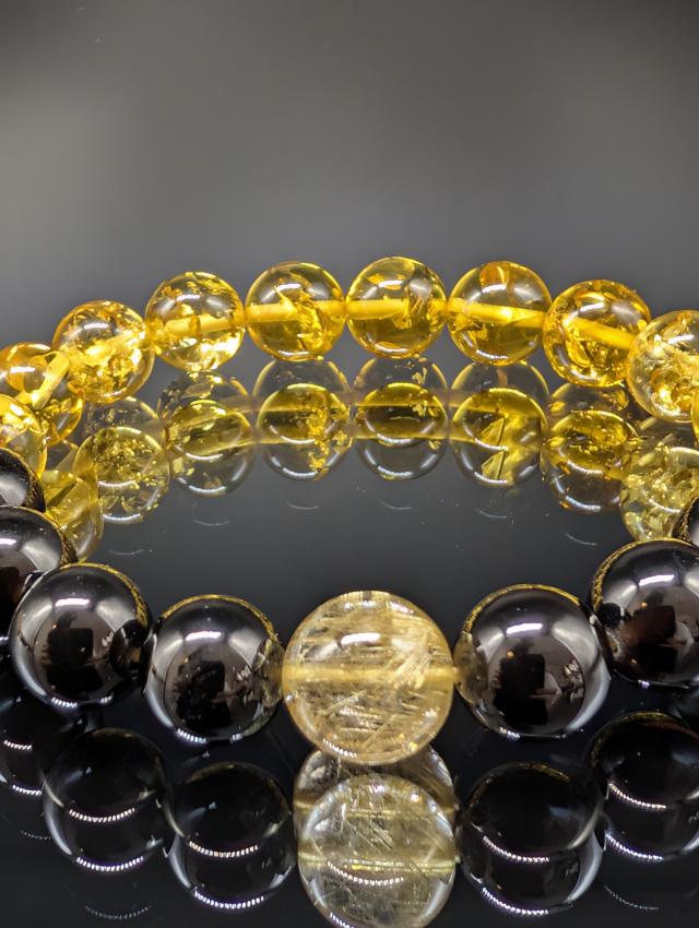 パワーストーン  ゴールドルチルクォーツ アンバー 琥珀 モリオン 黒水晶 10mm ブレスレット 金運 健康 最強守護 天然石 メンズ レディース_2