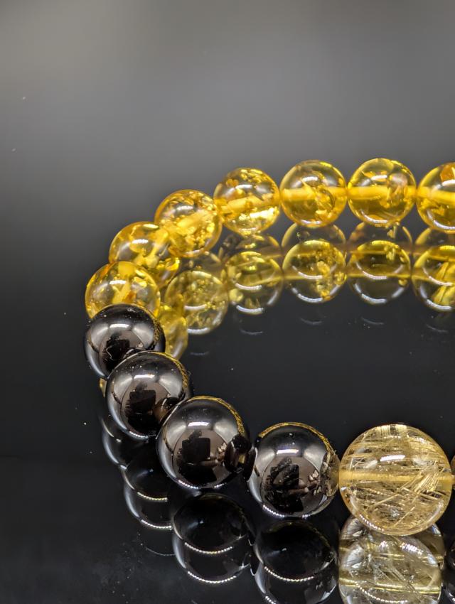 パワーストーン  ゴールドルチルクォーツ アンバー 琥珀 モリオン 黒水晶 10mm ブレスレット 金運 健康 最強守護 天然石 メンズ レディース_3