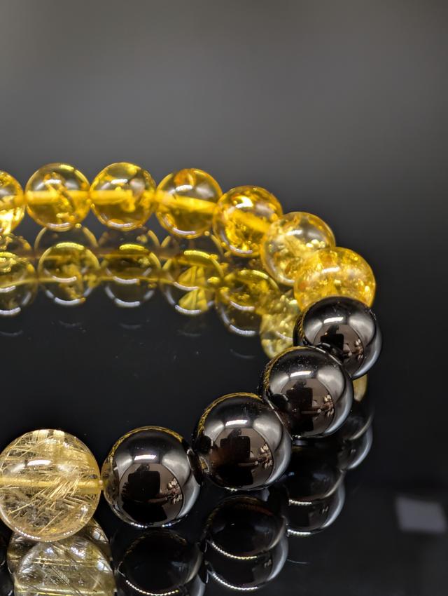 パワーストーン  ゴールドルチルクォーツ アンバー 琥珀 モリオン 黒水晶 10mm ブレスレット 金運 健康 最強守護 天然石 メンズ レディース_4