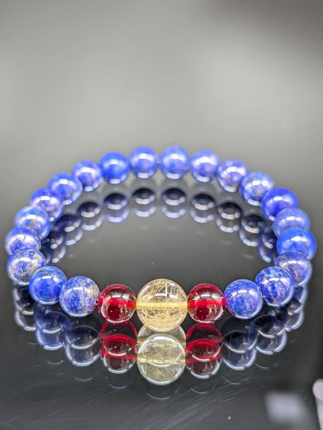 パワーストーン ルチルクォーツ レッドアンバー ラピスラズリ 8mm 親玉10mm ブレスレット 金運上昇 強運 願望実現 健康 天然石 メンズ レディース_1