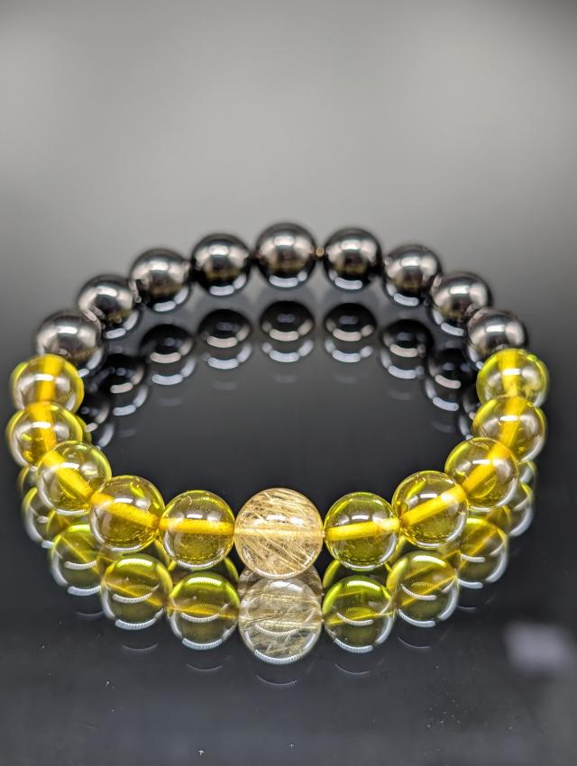 パワーストーン ルチルクォーツ グリーンアンバー 天然琥珀 モリオン 黒水晶 10mm ブレスレット 金運財運 強力守護 厄除け 健康 天然石 メンズ レディース_1