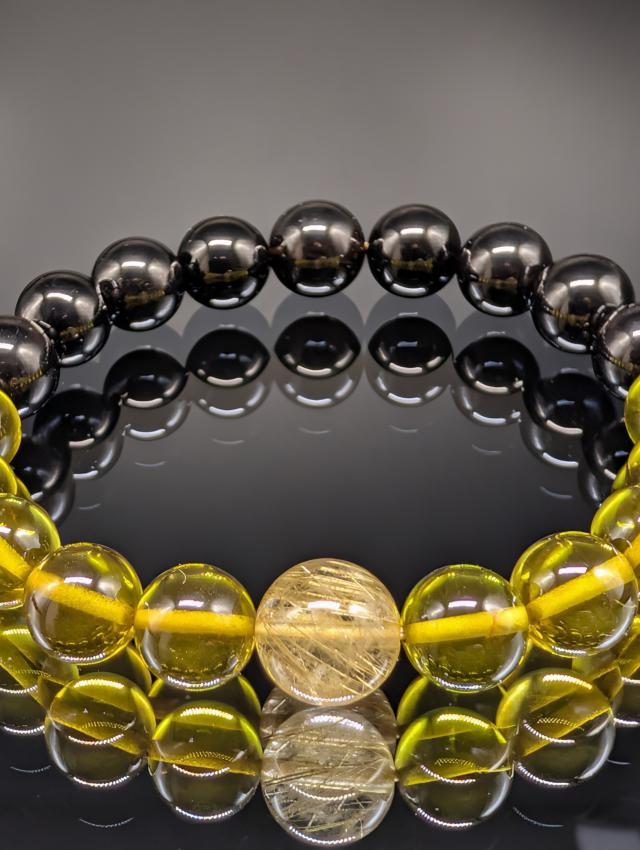 パワーストーン ルチルクォーツ グリーンアンバー 天然琥珀 モリオン 黒水晶 10mm ブレスレット 金運財運 強力守護 厄除け 健康 天然石 メンズ レディース_2