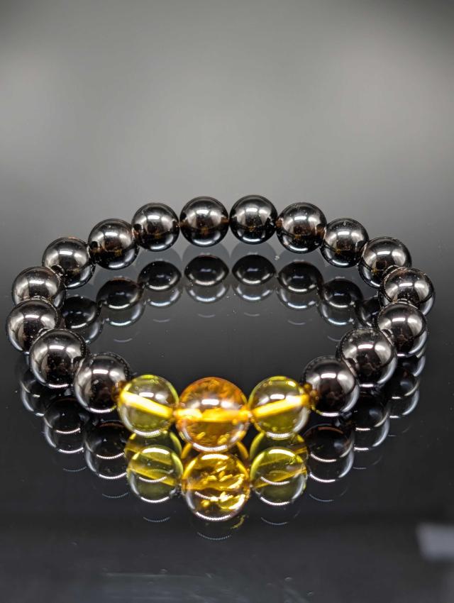 パワーストーン グリーンアンバー ブラウンアンバー モリオン 天然琥珀 黒水晶 10mm 親玉11mm ブレスレット 金運上昇 健康 厄除け メンズ レディース_1