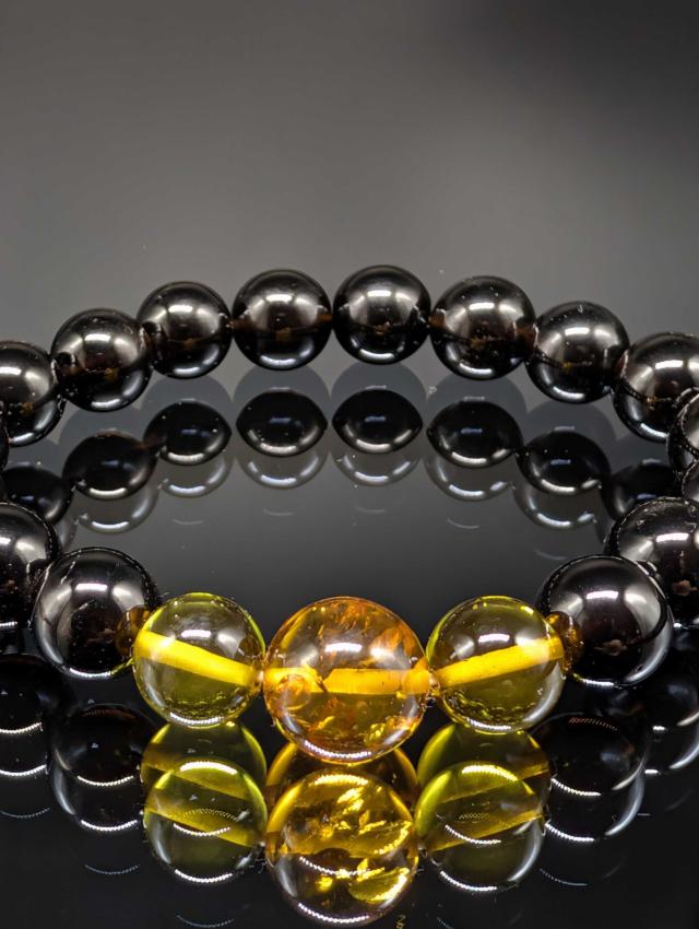 パワーストーン グリーンアンバー ブラウンアンバー モリオン 天然琥珀 黒水晶 10mm 親玉11mm ブレスレット 金運上昇 健康 厄除け メンズ レディース_2