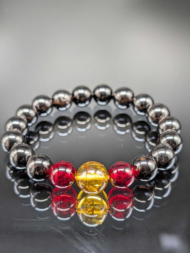 パワーストーン レッドアンバー ブラウンアンバー モリオン 天然琥珀 黒水晶 10mm 親玉11mm ブレスレット 金運上昇 健康 厄除け メンズ レディース_1