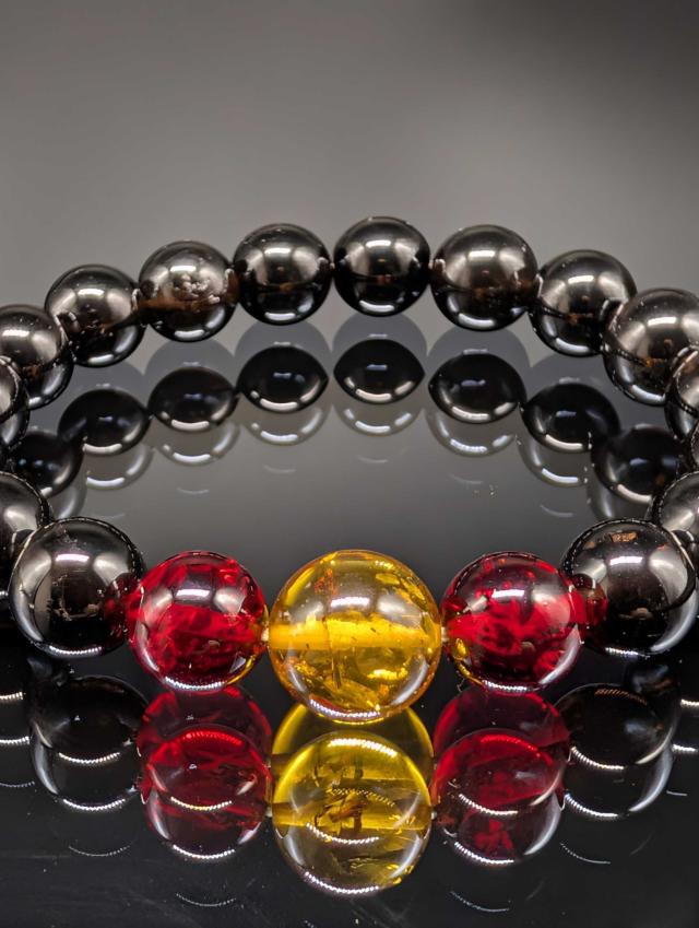 パワーストーン レッドアンバー ブラウンアンバー モリオン 天然琥珀 黒水晶 10mm 親玉11mm ブレスレット 金運上昇 健康 厄除け メンズ レディース_2