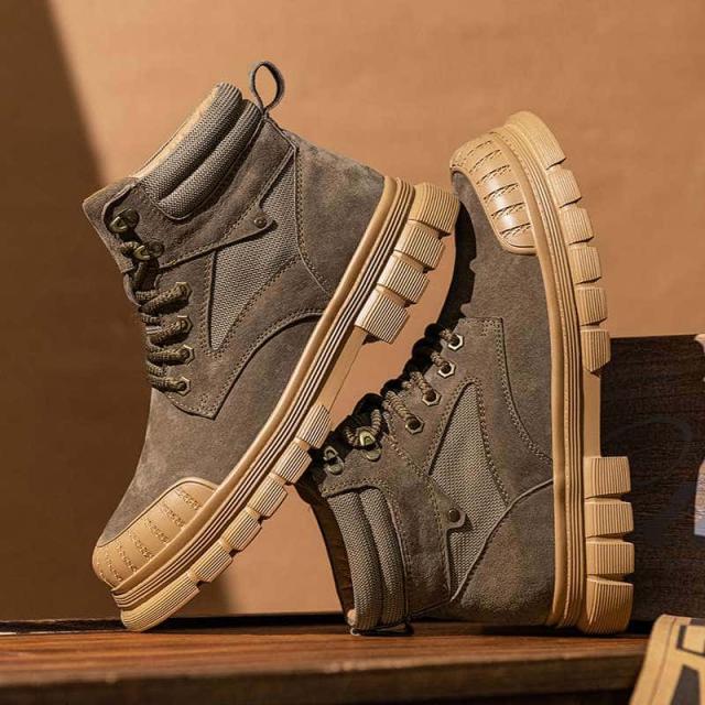 メンズ ショートブーツ 厚底 レザー レースアップ 耐磨耗 スエード