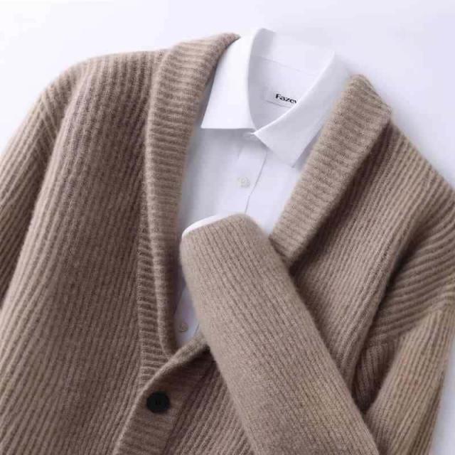 ニット カーディガン メンズ 男性用 秋冬 厚手 カシミヤ ウール 混 紡毛 青果襟 ビジネス 普段使い レトロ あったか ミルクホワイト キャメル グレー