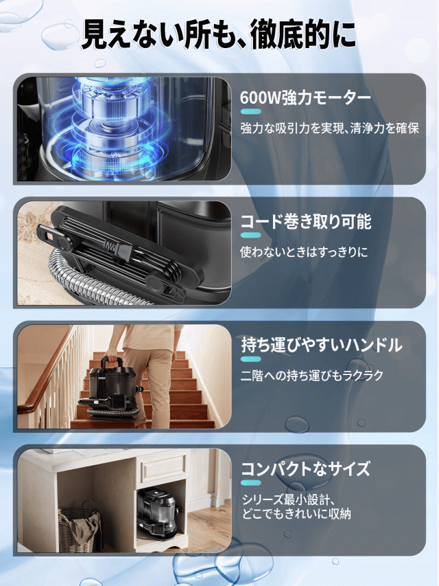 【Yadea公式】【軽量×パワフル】Yadea R-ZERO カーペットクリーナー 16000Pa吸引力 絨毯クリーナー カーペット洗浄機 車シート掃除機 ソファークリーナー 汚れ落とし ソファ洗浄 乾湿両用掃除機 マットレス/布製品/車内/シート/ラグ/ソファ/絨毯/ぬいぐるみ/掃除用品_4