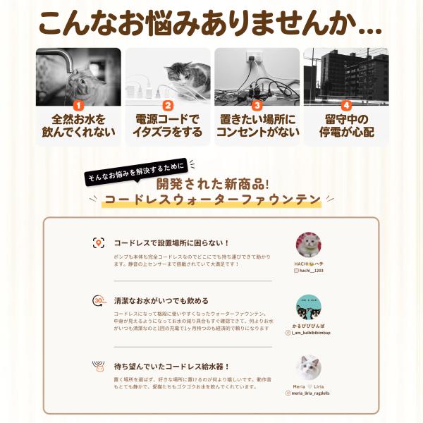 完全コードレスウォーターファウンテン 自動給水器 猫 犬 給水器 Homerunpet スマートペット ワイヤレス バッテリー 充電 大容量 コードレス フィルター 水飲み_1