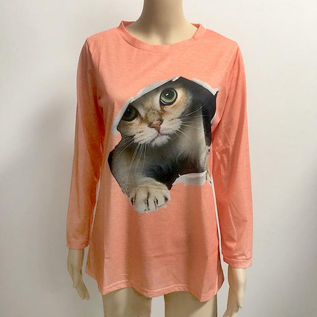 春新作 送料無料 トップス 新作 Tシャツ レディース 長袖 可愛い猫 大きいサイズ 3XL 4XL 5XL プリントTシャツ カットソー シンプル 丸襟 ゆったり 体型カーバー ルームウエア 女性用 カジュアル ねこ ネコ 動物柄_9