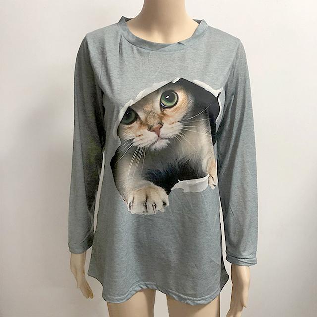 春新作 送料無料 トップス 新作 Tシャツ レディース 長袖 可愛い猫 大きいサイズ 3XL 4XL 5XL プリントTシャツ カットソー シンプル 丸襟 ゆったり 体型カーバー ルームウエア 女性用 カジュアル ねこ ネコ 動物柄_11
