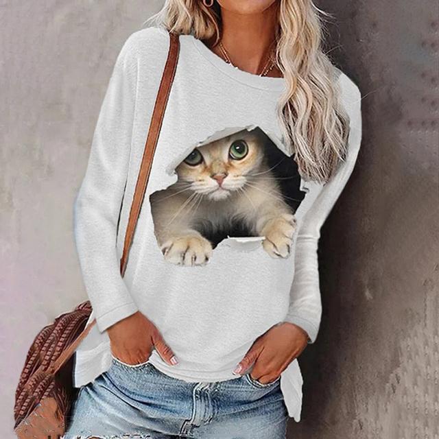 春新作 送料無料 トップス 新作 Tシャツ レディース 長袖 可愛い猫 大きいサイズ 3XL 4XL 5XL プリントTシャツ カットソー シンプル 丸襟 ゆったり 体型カーバー ルームウエア 女性用 カジュアル ねこ ネコ 動物柄_1
