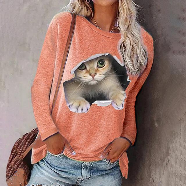 春新作 送料無料 トップス 新作 Tシャツ レディース 長袖 可愛い猫 大きいサイズ 3XL 4XL 5XL プリントTシャツ カットソー シンプル 丸襟 ゆったり 体型カーバー ルームウエア 女性用 カジュアル ねこ ネコ 動物柄_2