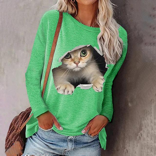 春新作 送料無料 トップス 新作 Tシャツ レディース 長袖 可愛い猫 大きいサイズ 3XL 4XL 5XL プリントTシャツ カットソー シンプル 丸襟 ゆったり 体型カーバー ルームウエア 女性用 カジュアル ねこ ネコ 動物柄_4